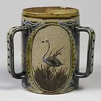 Three-handled tankard, Lambeth stoneware, 1884