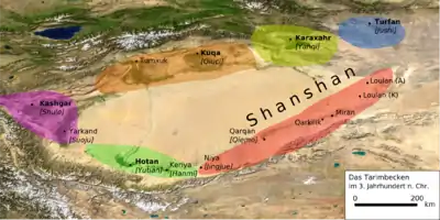 Tarim Basin in the 3rd century AD (the territory of Shule is colored purple)