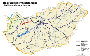 Route map of railways in Hungary showing the Tatabánya–Pápa railway line