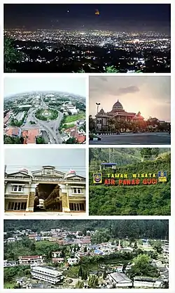 Clockwise from top: Tegal Regency scenery from the top of Star hills, Great Mosque of Tegal Regency, Guci Tourism Site, Countryside scenery in Guci village, Adiwerna City Walk and Slawi Town Roundabout