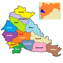 Colour-coded map of the district's talukas, with an inset map of the district in Maharashtra