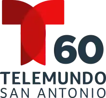 The Telemundo network logo, a T with two circular overlapping components. To the right and under the T, the number 60. Beneath it, in a sans serif, the word Telemundo, and on another line in red, the word San Antonio.