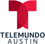 The Telemundo network logo, two red shapes forming a symmetrical letter T, above the words "Telemundo" and "Austin" in an off-black color on two separate lines.