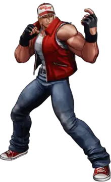 A stylized 3D render of a blond, muscular man wearing jeans, a white tank top and a red vest and cap