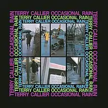 A set of photographs of rain in an urban setting with "TERRY COLLIER OCCASIONAL RAIN" written along them in a border repeatedly in several colors