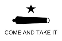 Come and Take It FlagThis flag design made reference to the cannon used by Texian Army troops under the command of John Henry Moore at the Battle of Gonzales on October 2, 1835. The Texian cannon on the flag with motto "Come and Take It" was used during the battle to antagonize the Mexican Army to try and capture the cannon.