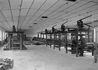 Image 8Textile machinery at the Cambrian Factory, Llanwrtyd, Wales in the 1940s (from History of clothing and textiles)