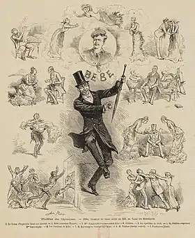 Black and white drawings of stage production: the main image is a man in top hat and morning coat dancing and brandishing a furled umbrella