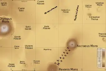 Map of the Tharsis quadrangle showing major features, several of which are tholi. Tharsis contains many volcanoes, including Olympus Mons, the tallest known volcano in the Solar System.