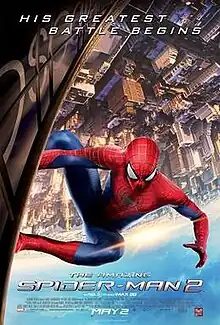 Spider-Man upside down on the side of the Oscorp tower with the film's title, credits and release date underneath below.