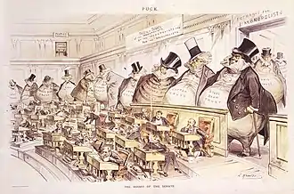 Image 22Reformers like the American Joseph Keppler depicted the Senate as controlled by the giant moneybags, who represented the nation's financial trusts and monopolies. (from Political corruption)