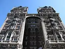 The Dorilton's facade as viewed from 71st Street. There is elaborate stone and brick detail.