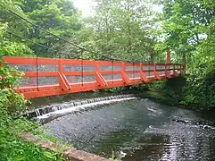 The suspension bridge and cascade weir.