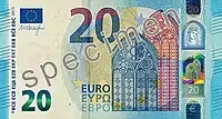 Recto of 20 euro banknote (series ES2) with holographic foil over the window (upper right side) (paper substrate)