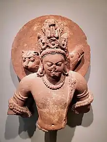 Vishnu in three incarnations (Chaturvyuha): Vishnu himself or Vāsudeva-Krishna in human form, Varaha as a boar, Narasimha as a lion. Mathura, mid-5th century CE. Boston Museum.