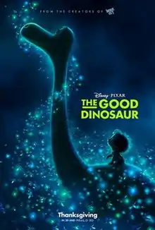 The silhouette of Arlo, a dinosaur with Spot, a small boy on his back surrounded by fireflies.