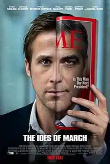 A portrait of a man with the other half of his face obscured of a TIME magazine issue with its cover showing the left side of his face. The text in the magazine cover reads "Is This Man Our Next President?" with the film's title and credits placed below.