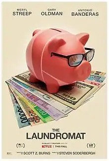 A pink piggy-bank wearing sunglasses, on top of a fan of international currency.