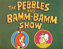 A green title card displaying the name of the television series in a yellow-brown font and two face cutouts of a red haired girl and a white haired guy.