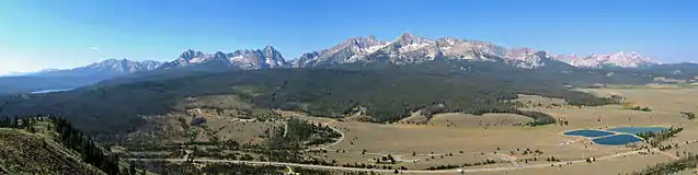 A panorama of the Sawtooth Mountains from a ridge southeast of Stanley