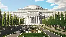 An in-game screenshot with blocky graphics of a white library in the neo-classical style, with a tree-lined path leading to it