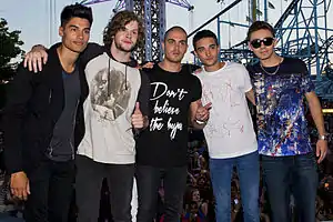 The Wanted in 2013 at the Swedish program Sommarkrysset in Stockholm Gröna Lund. From left to right: Siva Kaneswaren, Jay McGuiness, Max George, Tom Parker, and Nathan Sykes.