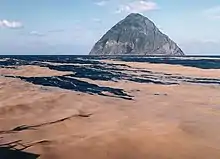 Pumice stones lifted by the eruption fill the surface of the sea. The distant island is South Iwo Jima (Jan 20, 1986)