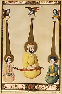 Painting of Ali flanked by Hasan and Husayn, all seated, with angels above them