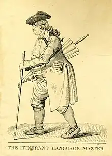 Drawing of an elderly man in old-fashioned clothing walking in profile to the left. Under his right arm is a large umbrella, and in his left hand is a tall cane with which he walks. From his coat pocket project two books, one reads 'French' and the other 'Italian German Dutch &c'.