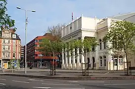 The tram stop, seen beyond the Theatre Royal frontage