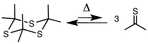 Pyrolysis/polymerization between trithioacetone (left) and thioacetone (right).