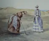 A watercolor executed in 1885 by Hodge of two ladies putting on the Old Course at St Andrews