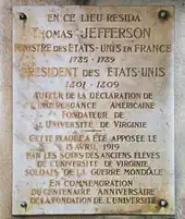 Memorial plaque on the Champs-Élysées, Paris, France, marking where Jefferson lived while he was Minister to France.