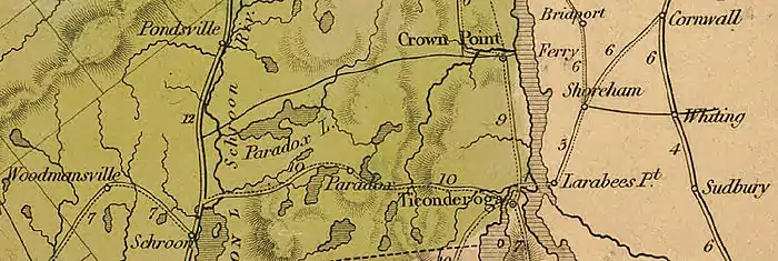 The Ticonderoga and Schroon Turnpike began north of Schroon and headed east through Paradox to the western edge of Lake Champlain at Ticonderoga. The turnpike connected to other long-distance roads at each end.