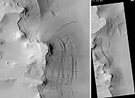 Tikhonravov Basin streaks, as seen by HiRISE.  Scale bar is 500 m (1,600 ft) long