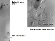 Tikhonravov crater floor, as seen by Mars Global Surveyor. Click on image to see dark slope streaks and layers.