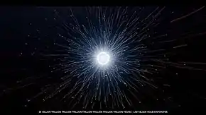 A bright, white sphere, emitting light and heat as it dies. The year is 38 billion trillion trillion trillion trillion trillion trillion trillion, and the event is "Last black hole evaporates."