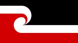 Flag with two bands of colour, red and black, divided on the horizontal with a white band with a styalised 'koru'