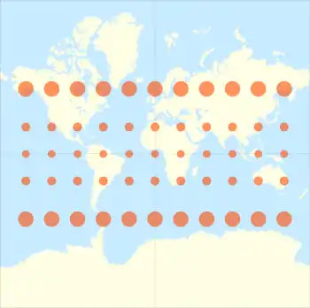 Image 14The Mercator projection with Tissot's indicatrix of deformation. (The distortion increases without limit at higher latitudes) (from Scale (map))