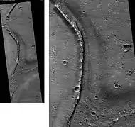 Tiu Valles Ridges, as seen by HiRISE. Ridges were probably formed by running water. Scale bar is 1 km long.