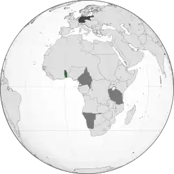 Green: Territory comprising the German colony of TogolandDark grey: Other German possessionsDarkest grey: German Empire