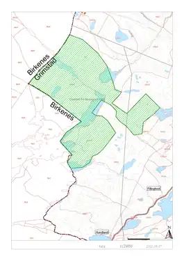 Map of the area of Birkenes that was transferred to Landvik in 1883