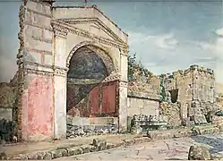 Tomb with covered niche and planter with garland