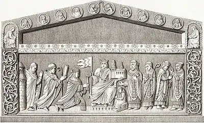 An image of the Carolingian cathedral on the tomb of Archbishop Hincmar (9th century), destroyed in 1793