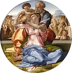 Painting of the seated Virgin holding Jesus with Joseph behind