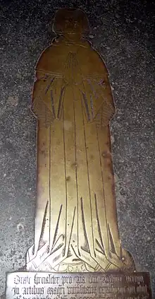 Arthur Vernon, priest and son of Anne Talbot and Henry Vernon, in the robes of a University of Cambridge MA, on his tomb in the floor of the Golden Chapel at Tong.