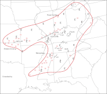 Black-and-white map showing state boundaries with meteorological features superimposed and indicated by red, silver, and black lines or symbols