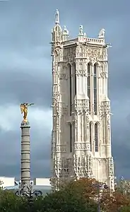 Saint-Jacques Tower as seen from the Conciergerie, with the "Victory Column" of Place du Châtelet in 2008