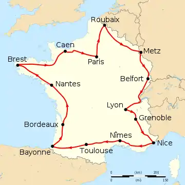 Map of France with the route of the 1908 Tour de France on it, showing that the race started in Paris, went clockwise through France and ended in Paris after fourteen stages.