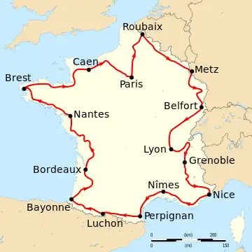 Map of France with the route of the 1910 Tour de France on it, showing that the race started in Paris, went clockwise through France and ended in Paris after fourteen stages.